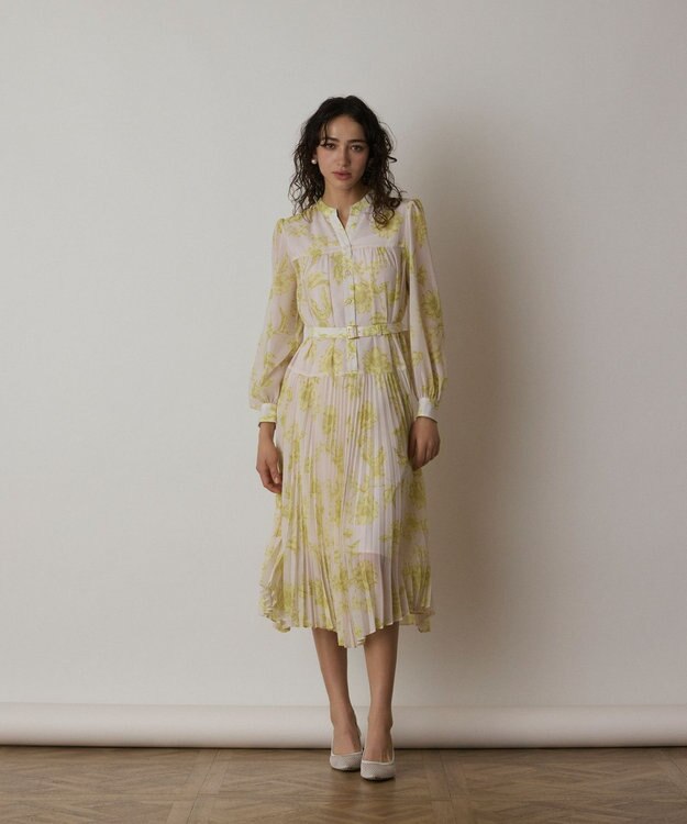 GRACE CONTINENTAL フラワープリントプリーツワンピース イエロー