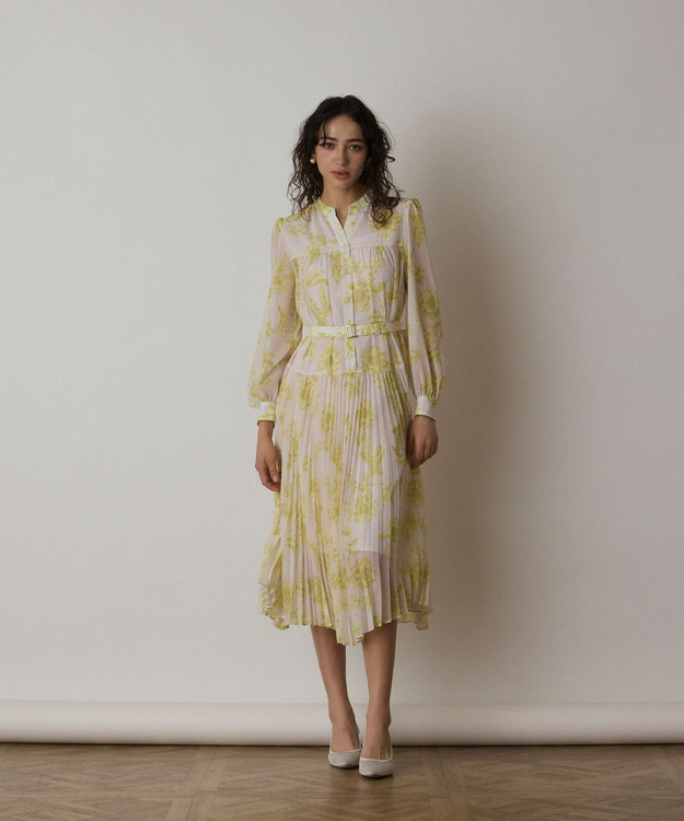 GRACE CONTINENTAL フラワープリントプリーツワンピース イエロー