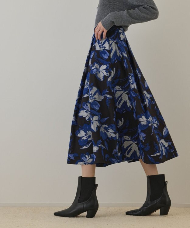 GRACE CONTINENTAL ラメフラワージャガードスカート ブルー