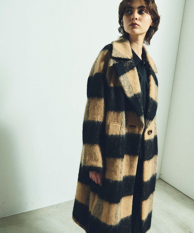 GRACE CONTINENTAL シャギーチェックチェスターコート キャメル