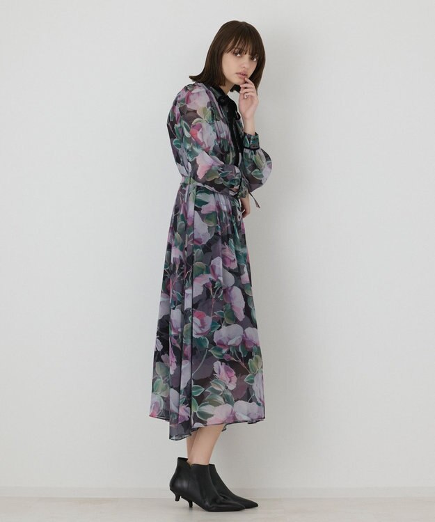 GRACE CONTINENTAL ローズプリントフレアワンピース ブラック