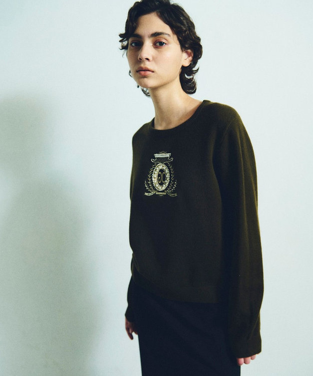 GRACE CONTINENTAL エンブレム刺繍ニットトップ カーキ