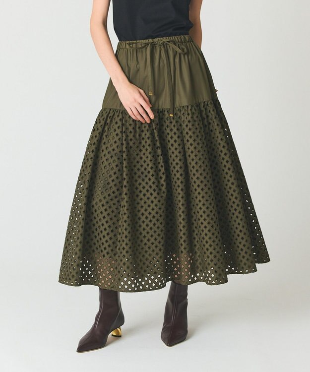 GRACE CONTINENTAL メッシュカットワークスカート カーキ