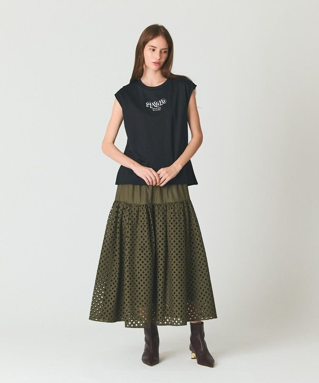 GRACE CONTINENTAL メッシュカットワークスカート カーキ