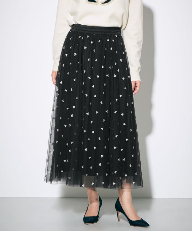 GRACE CONTINENTAL ブーツプリントチュールスカート ブラック