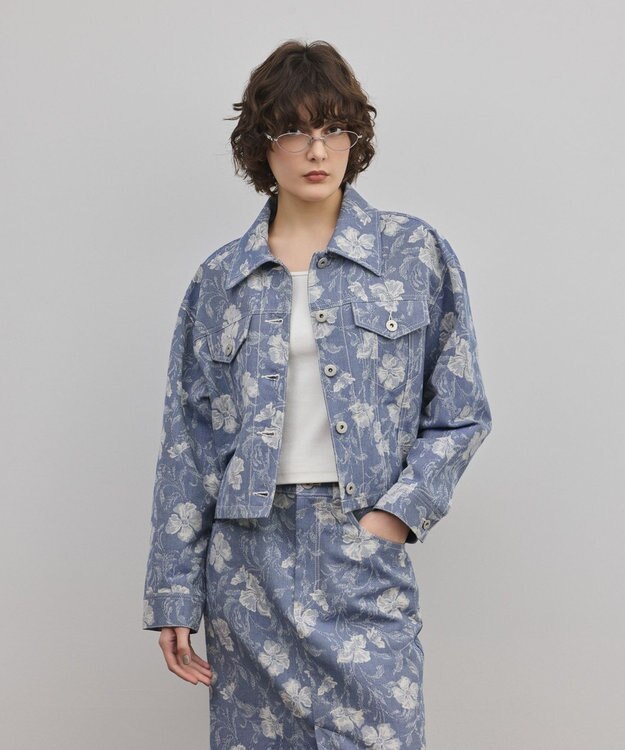 GRACE CONTINENTAL ボタニカルジャガードジャケット ブルー