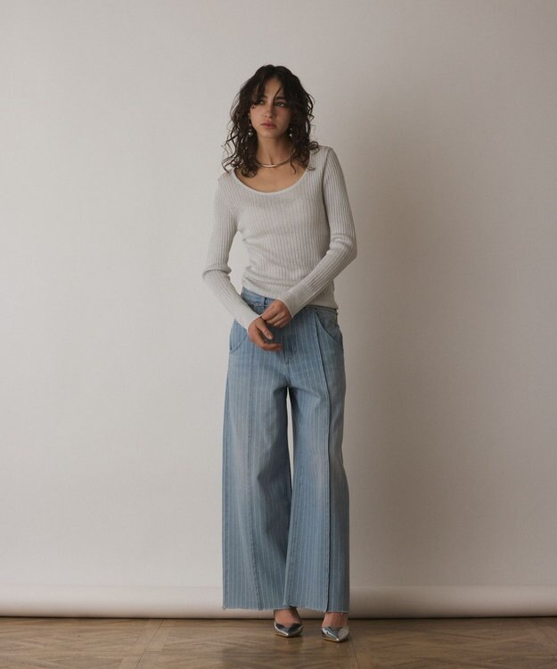 GRACE CONTINENTAL ラメリブクルーネックトップ ホワイト