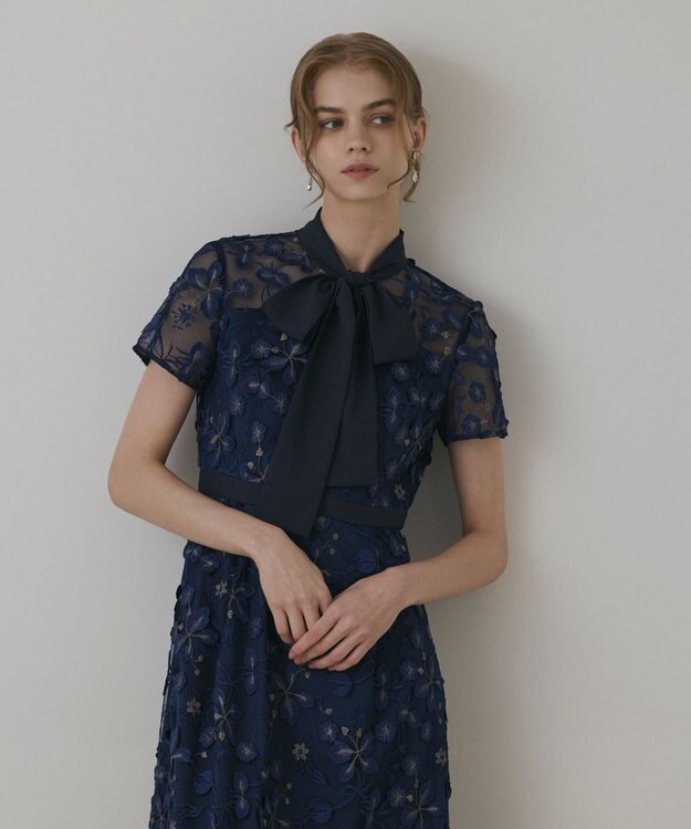 GRACE CONTINENTAL フラワ－フレアドレス ネイビー