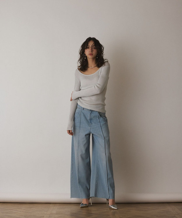 GRACE CONTINENTAL ラメリブクルーネックトップ ホワイト