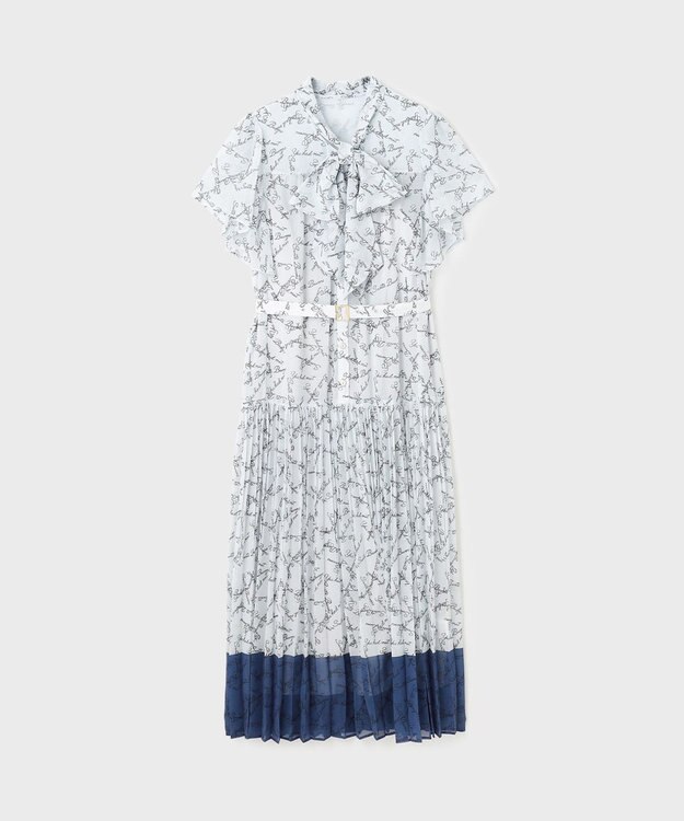 GRACE CONTINENTAL ボウタイプリーツプリントワンピース ブルー