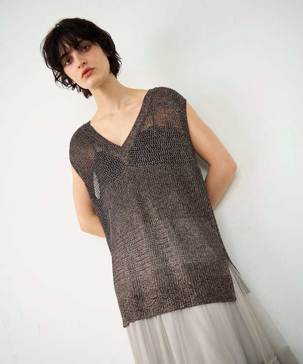 GRACE CONTINENTAL ラメメッシュニットトップ ゴールド