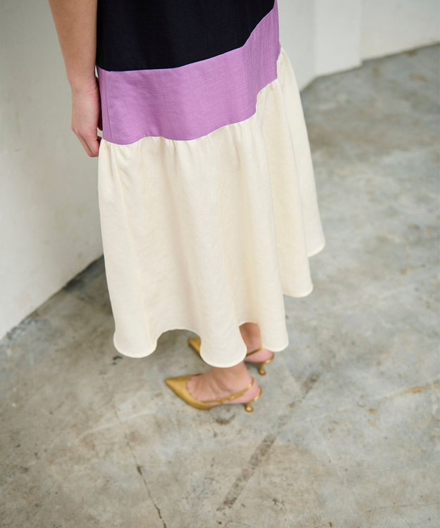 GRACE CONTINENTAL リネンタッチ配色ワンピース ネイビー