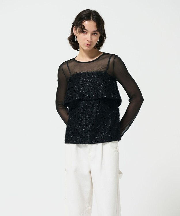 GRACE CONTINENTAL フリンジジャガードノースリーブ トップ ブラック