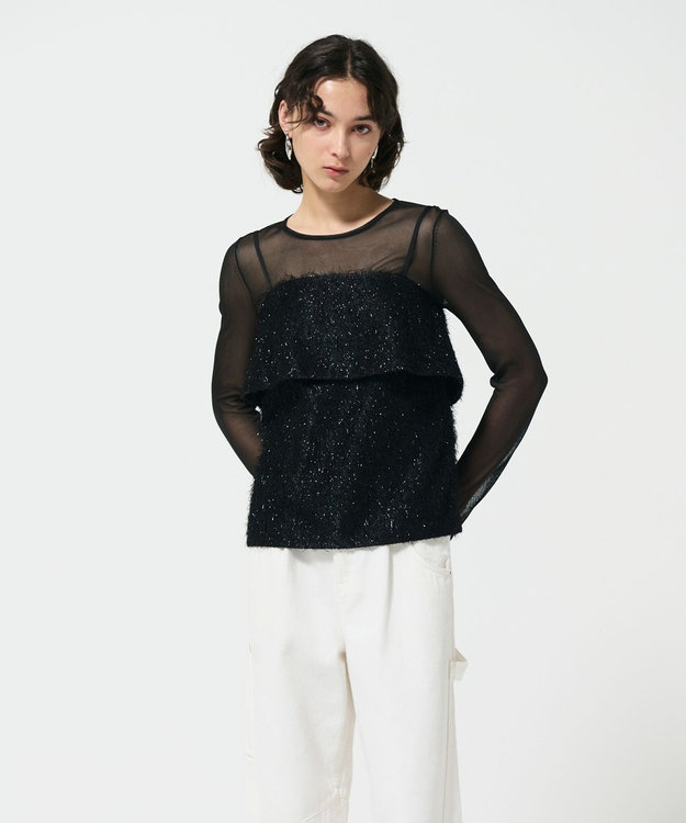 GRACE CONTINENTAL フリンジジャガードノースリーブ トップ ブラック