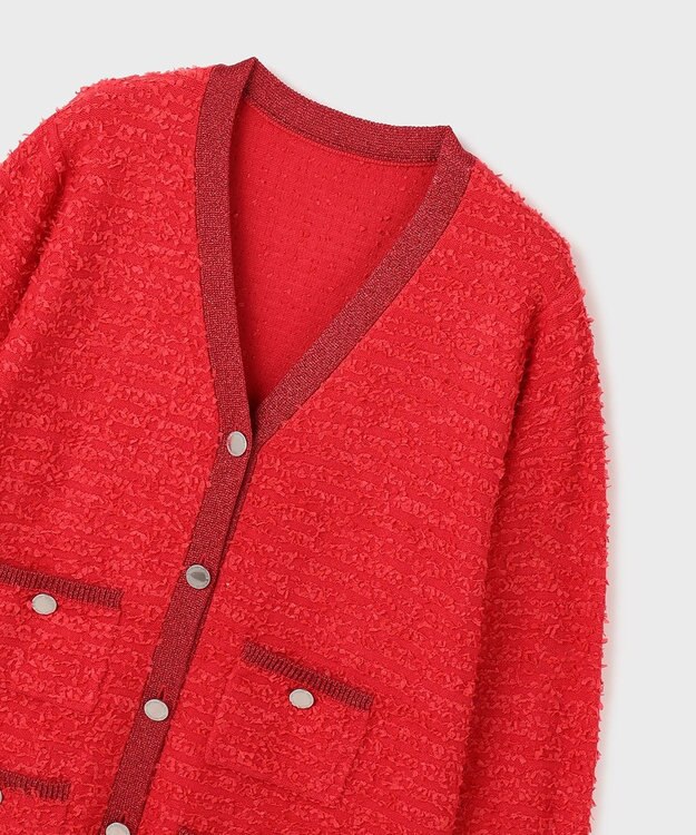 GRACE CONTINENTAL ツイードバイカラーニットカーディガン レッド