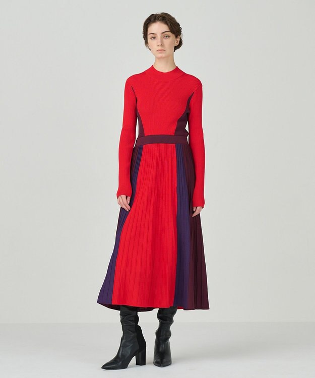 GRACE CONTINENTAL バイカラーフレアニットワンピース レッド