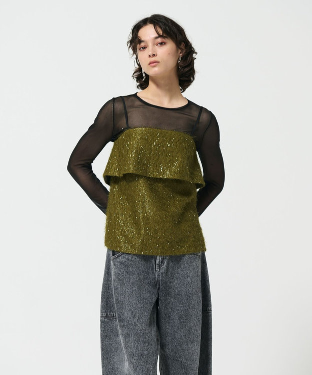 GRACE CONTINENTAL フリンジジャガードノースリーブ トップ カーキ