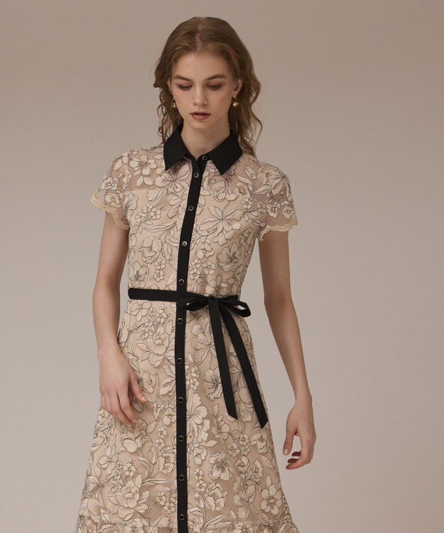 GRACE CONTINENTAL チュールフラワー刺繍ワンピース ベージュ