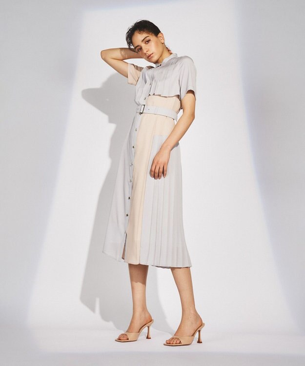 GRACE CONTINENTAL プリーツ配色ワンピース グレー