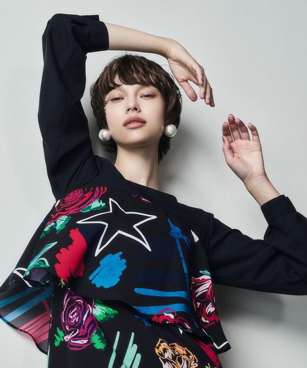 GRACE CONTINENTAL プリントコンビドレス ネイビー