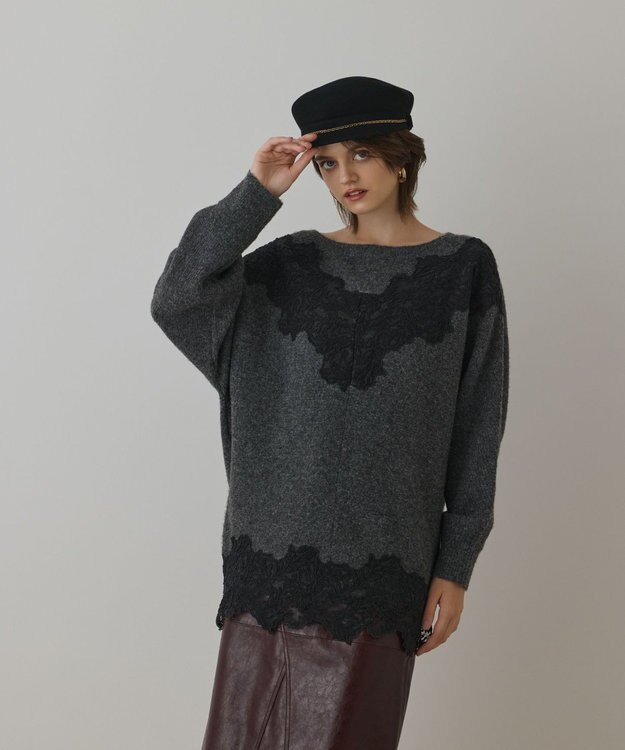 GRACE CONTINENTAL レースドルマンニットトップ チャコール