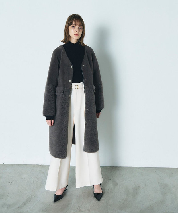 GRACE CONTINENTAL ノーカラーボアムートンコート グレー