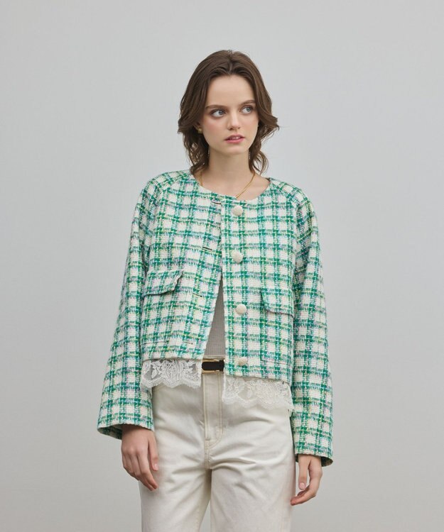 GRACE CONTINENTAL レースヘムツイードジャケット グリーン