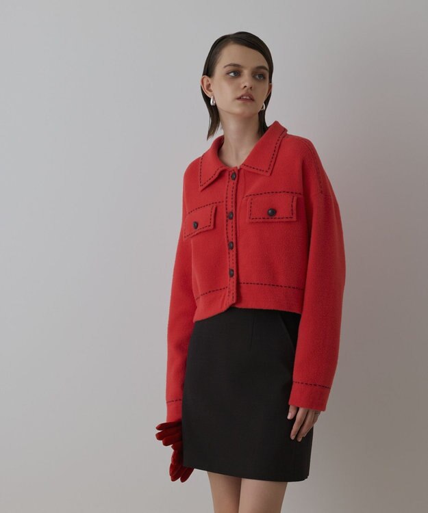 GRACE CONTINENTAL ステッチニットジャケット レッド