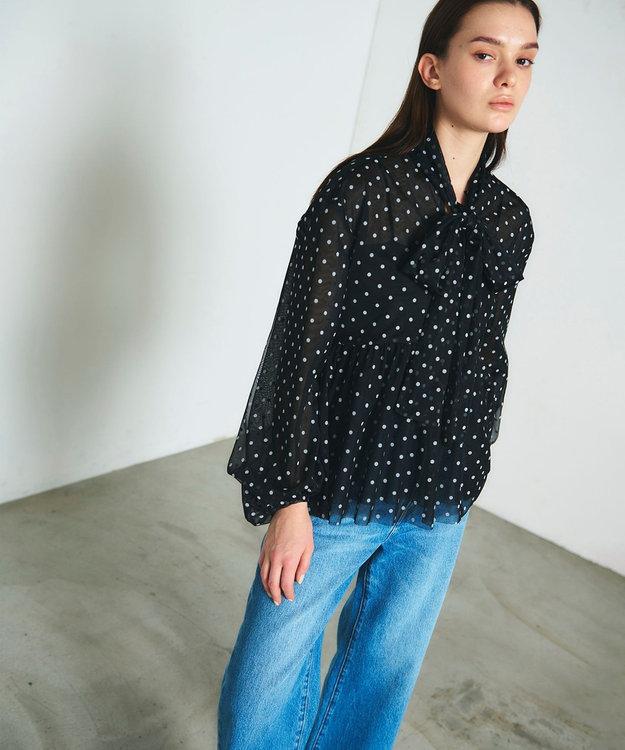 GRACE CONTINENTAL ドットフロッキーチュールトップ ブラック