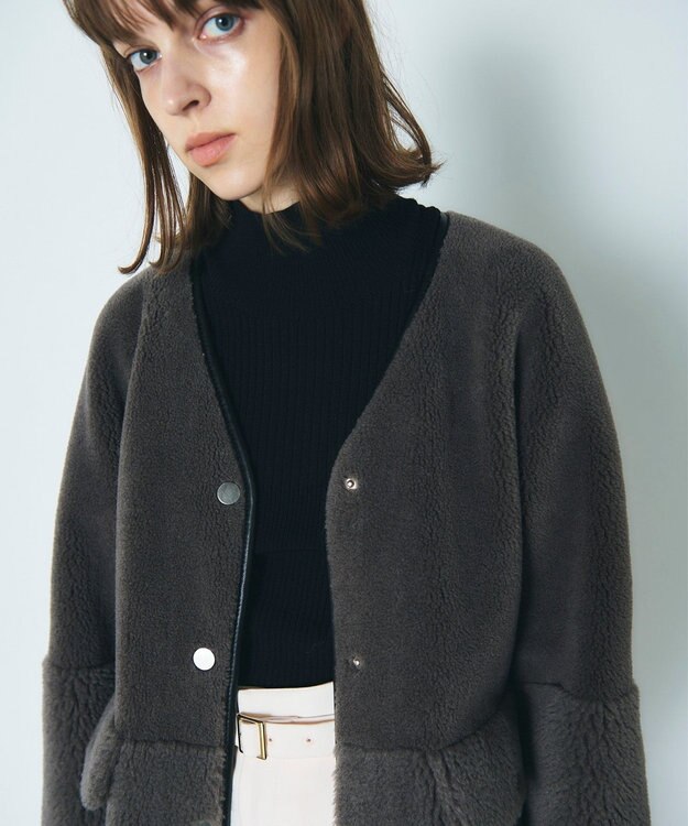 GRACE CONTINENTAL ノーカラーボアムートンコート グレー