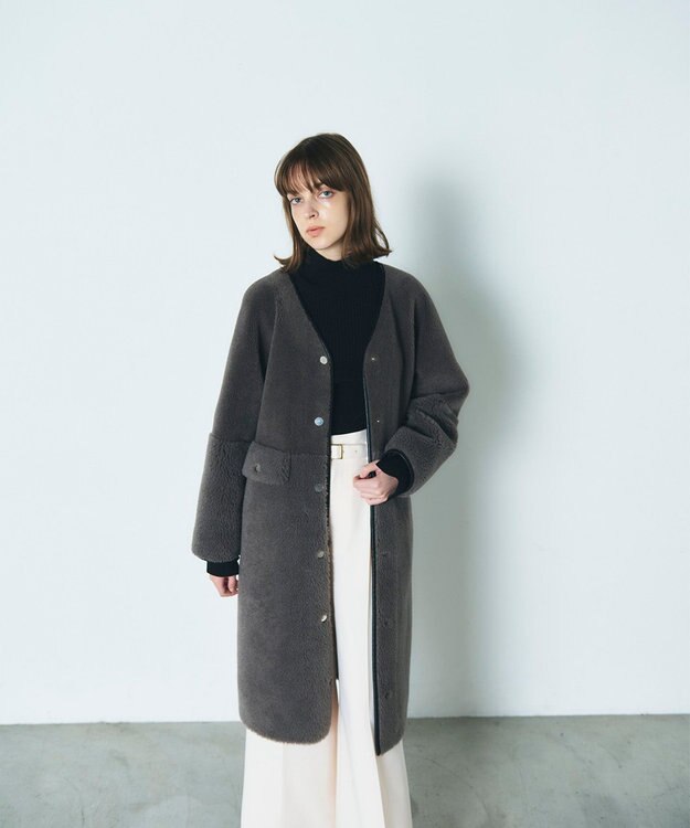 GRACE CONTINENTAL ノーカラーボアムートンコート グレー