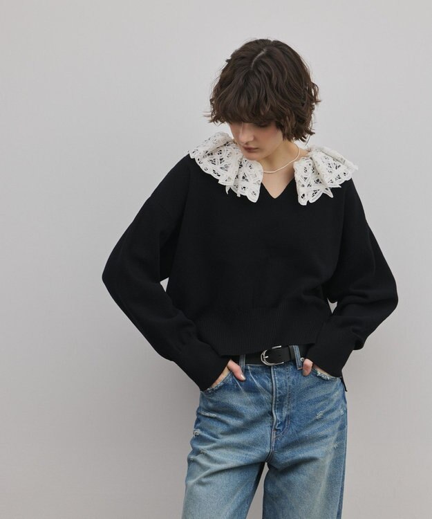GRACE CONTINENTAL レースカラーニットトップ ブラック