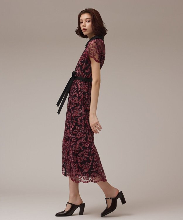 GRACE CONTINENTAL チュールフラワー刺繍ワンピース ボルドー