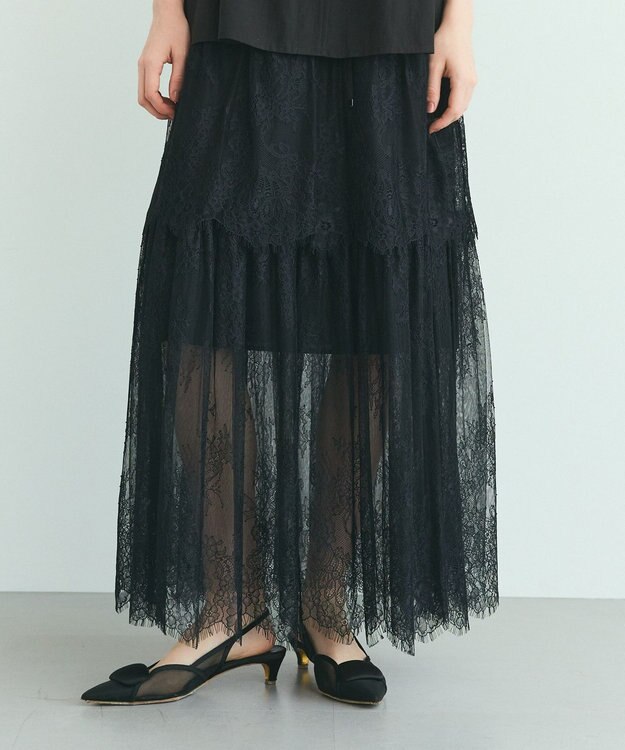 GRACE CONTINENTAL レース切替ティアードスカート ブラック