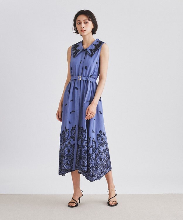 GRACE CONTINENTAL ビッグカラー刺繍ワンピース ブルー