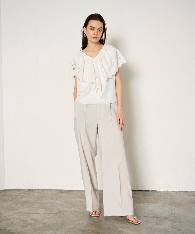 GRACE CONTINENTAL 刺繍ラッフルカラーノースリーブ トップ ホワイト