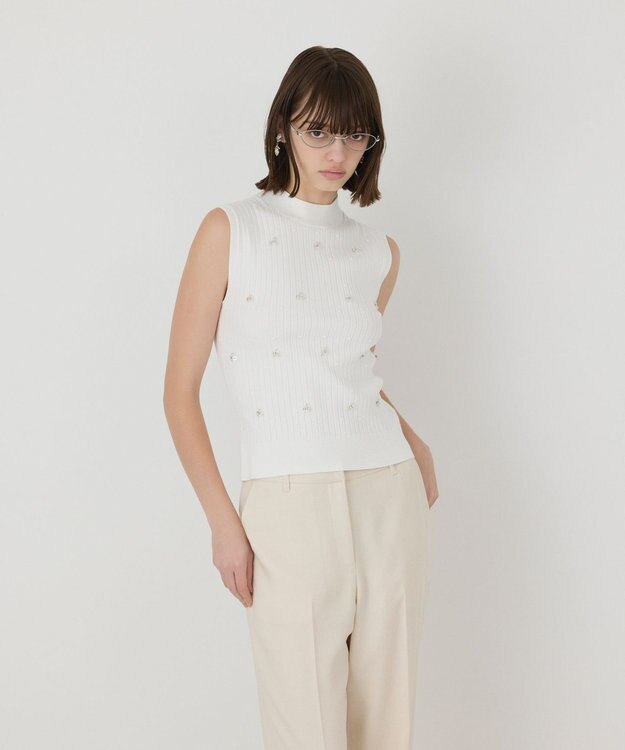 GRACE CONTINENTAL ビジューリブニットトップ ホワイト