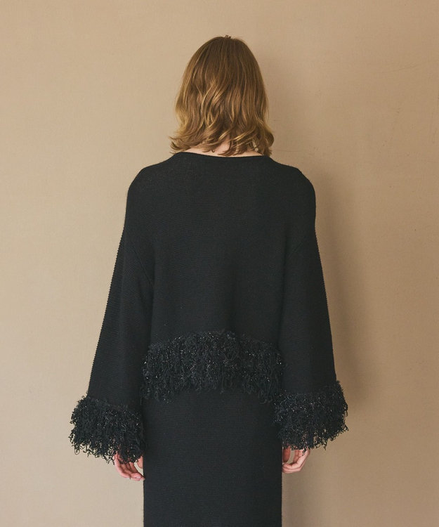 GRACE CONTINENTAL ラメフェザーフリンジカーディガン ブラック