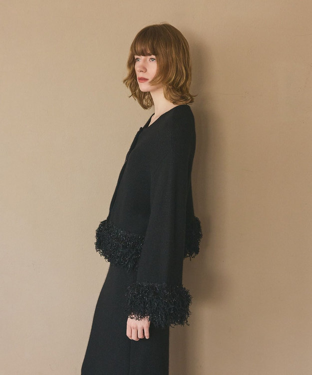 GRACE CONTINENTAL ラメフェザーフリンジカーディガン ブラック