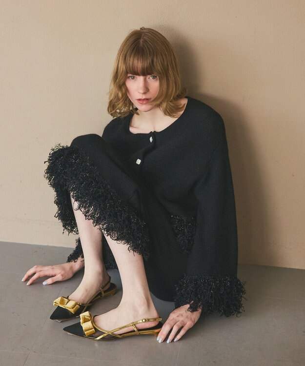 GRACE CONTINENTAL ラメフェザーフリンジカーディガン ブラック