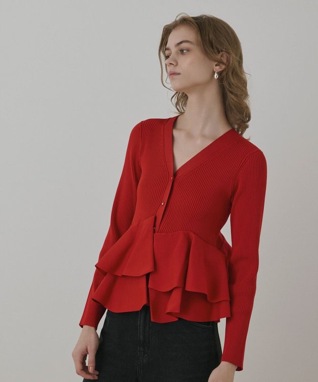 GRACE CONTINENTAL ペプラムニットカーディガン レッド