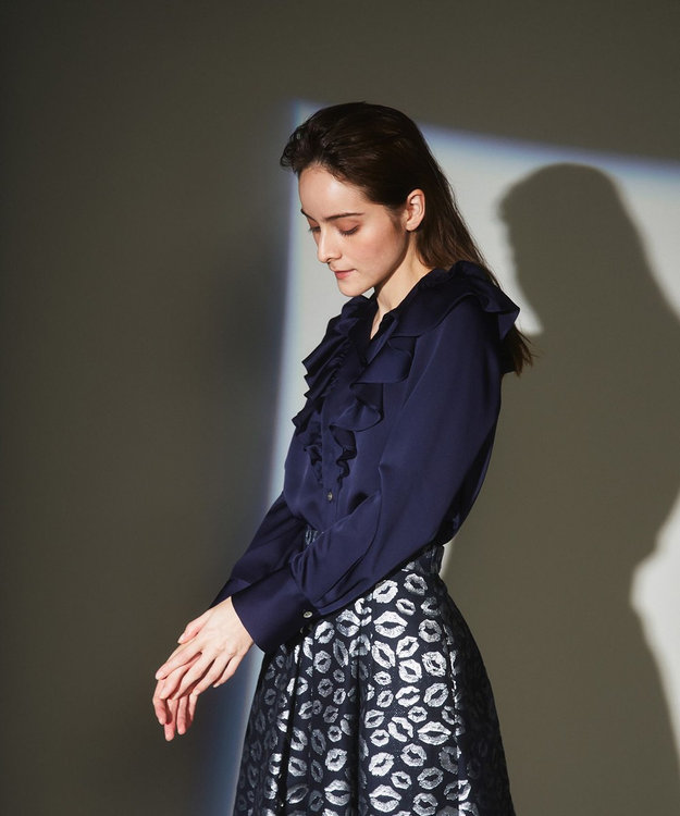 極美品 グレースコンチネンタル サテンフリルカラーシャツ ネイビー 36