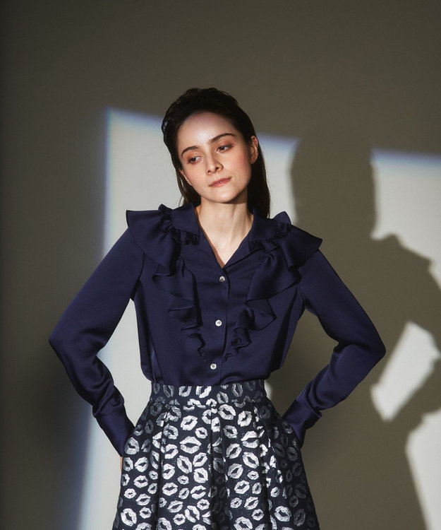 極美品 グレースコンチネンタル サテンフリルカラーシャツ ネイビー 36 サテンフリルカラーシャツ / GRACE CONTINENTAL | GRACE