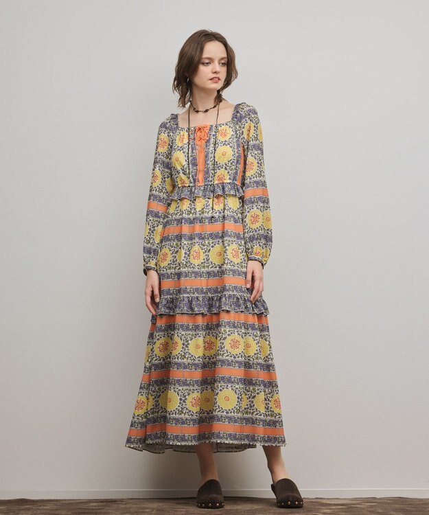 GRACE CONTINENTAL フラワープリントレースアップワンピース オレンジ