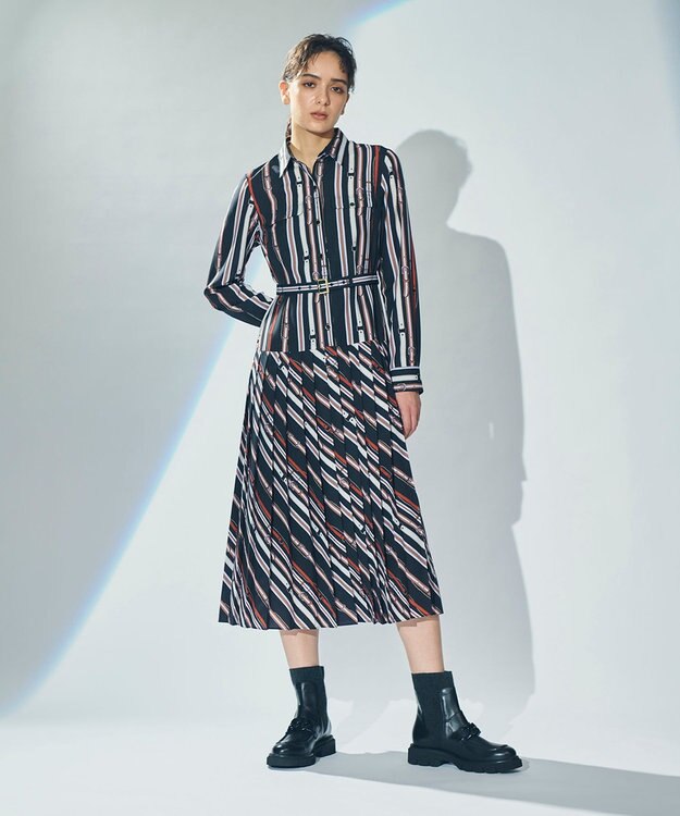 ダイアグラム デニムプリントワンピース 36 黒 マキシ プリーツ