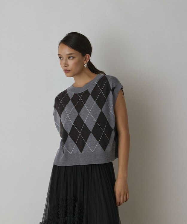 GRACE CONTINENTAL アーガイルニットベスト グレー