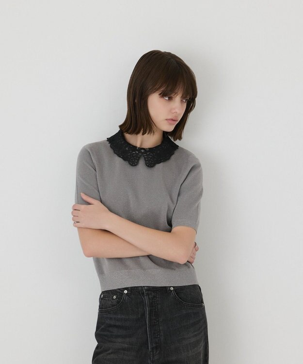 GRACE CONTINENTAL レースカラーラメニットトップ グレー