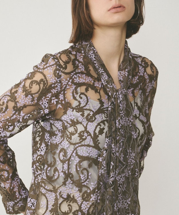 GRACE CONTINENTAL ボウタイ付レースブラウス カーキ