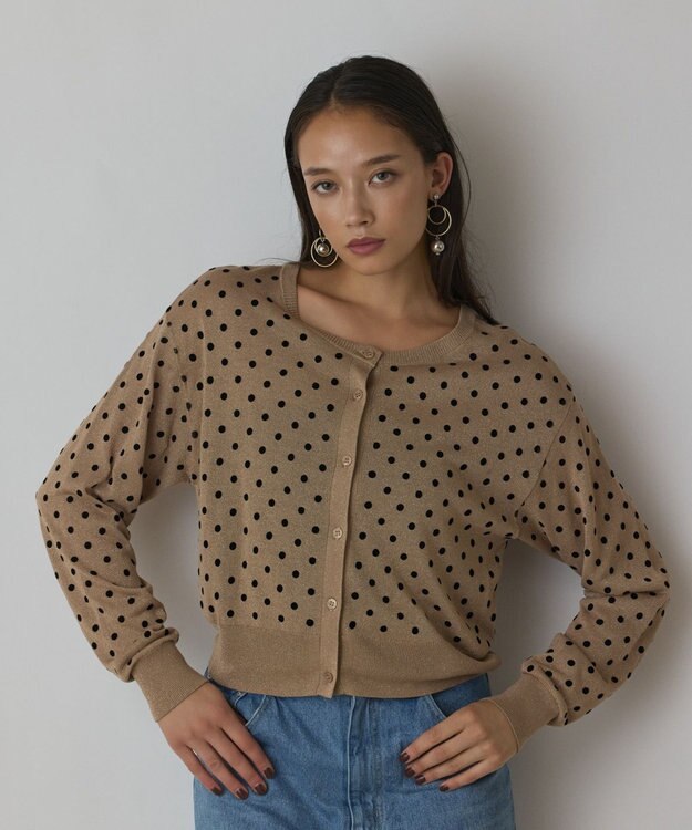 GRACE CONTINENTAL ドットフロッキーニットカーディガン ゴールド