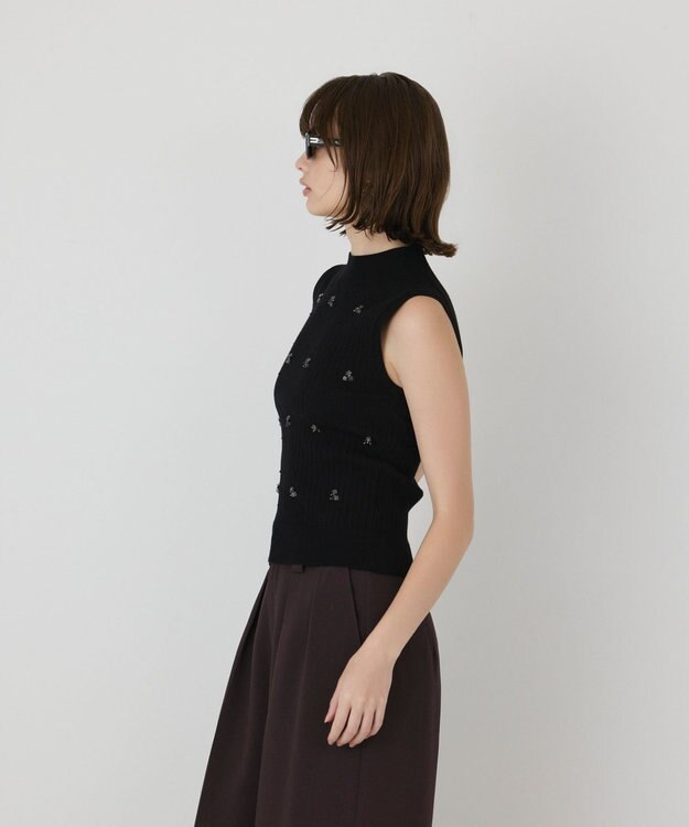 GRACE CONTINENTAL ビジューリブニットトップ ブラック